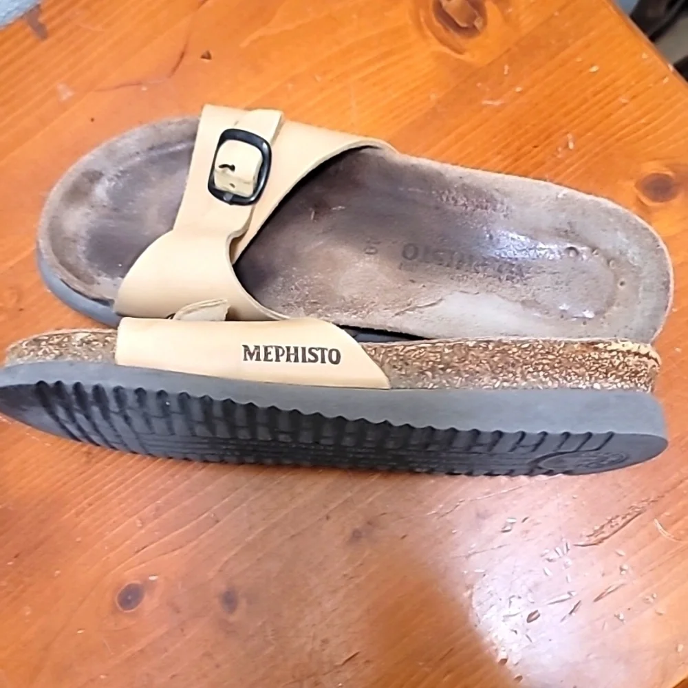 Mephisto Helen Cork Footbed Slide Sandals Womens‎ 40 Tan Leather Buckle Strap